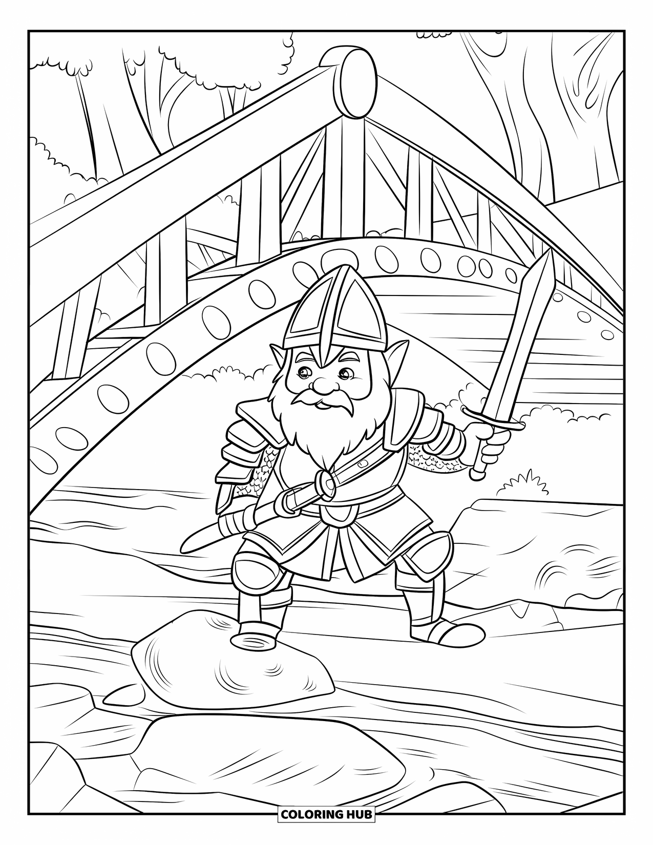 Gnome Coloring Page for Kids: A warrior gnome guarding a wooden bridge with armor and a sword