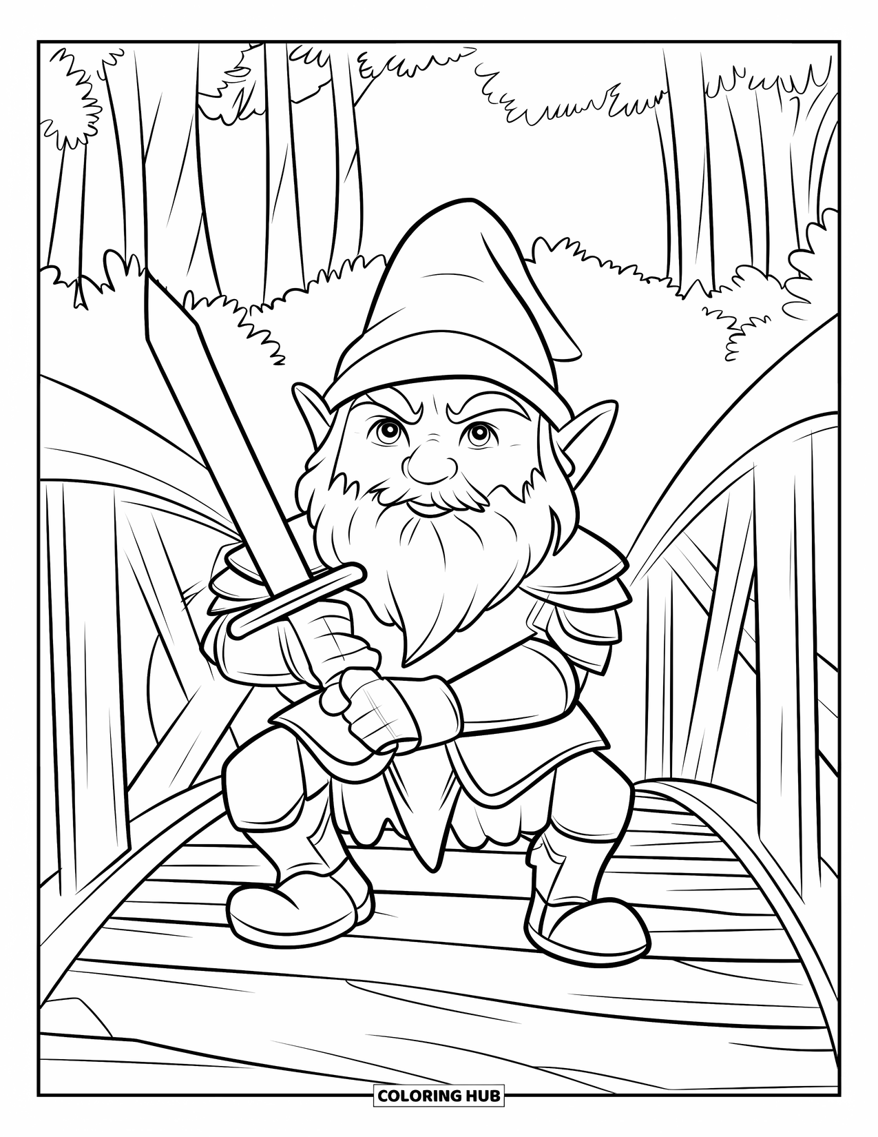 Gnome Coloring Page for Kids: A warrior gnome with armor and a sword guarding a bridge by trees