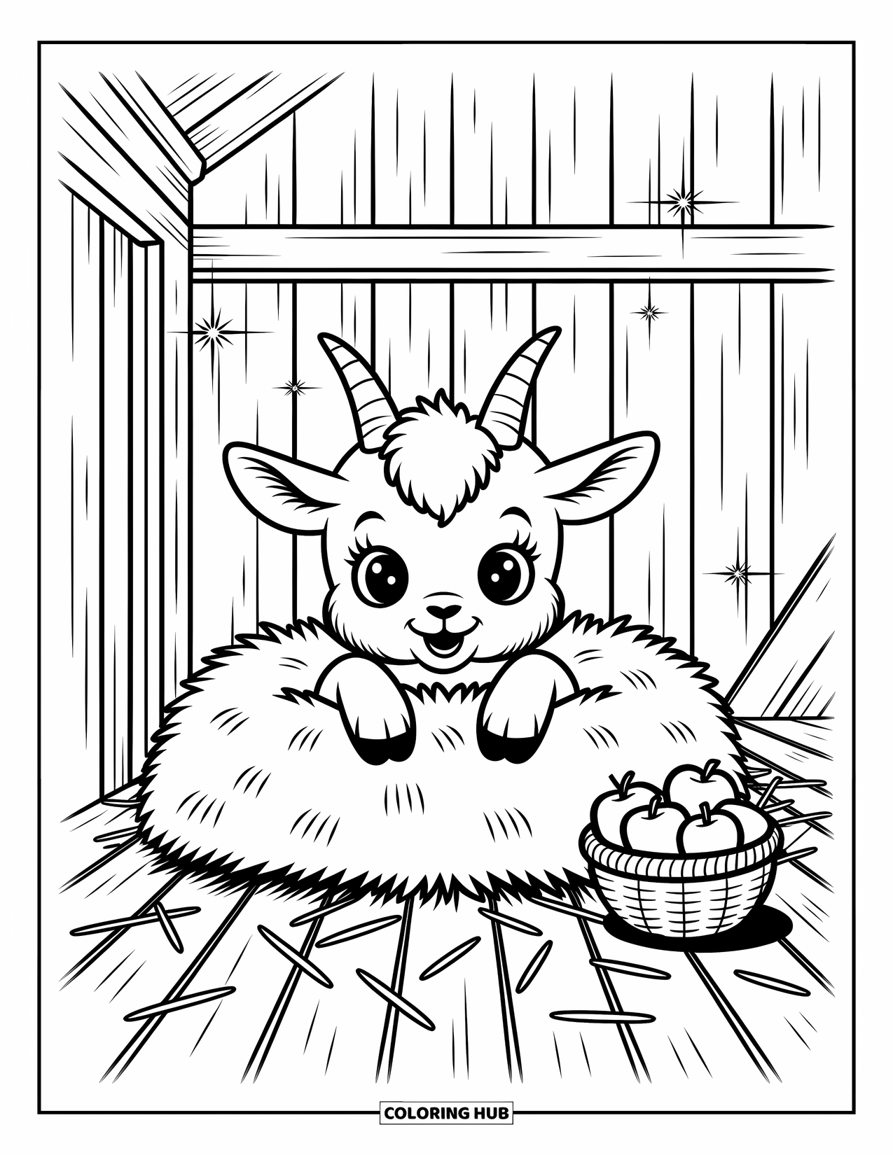 Desenho de Cabra para Colorir para Adultos: Um cabrito espreita do feno macio com uma cesta de maçãs por perto