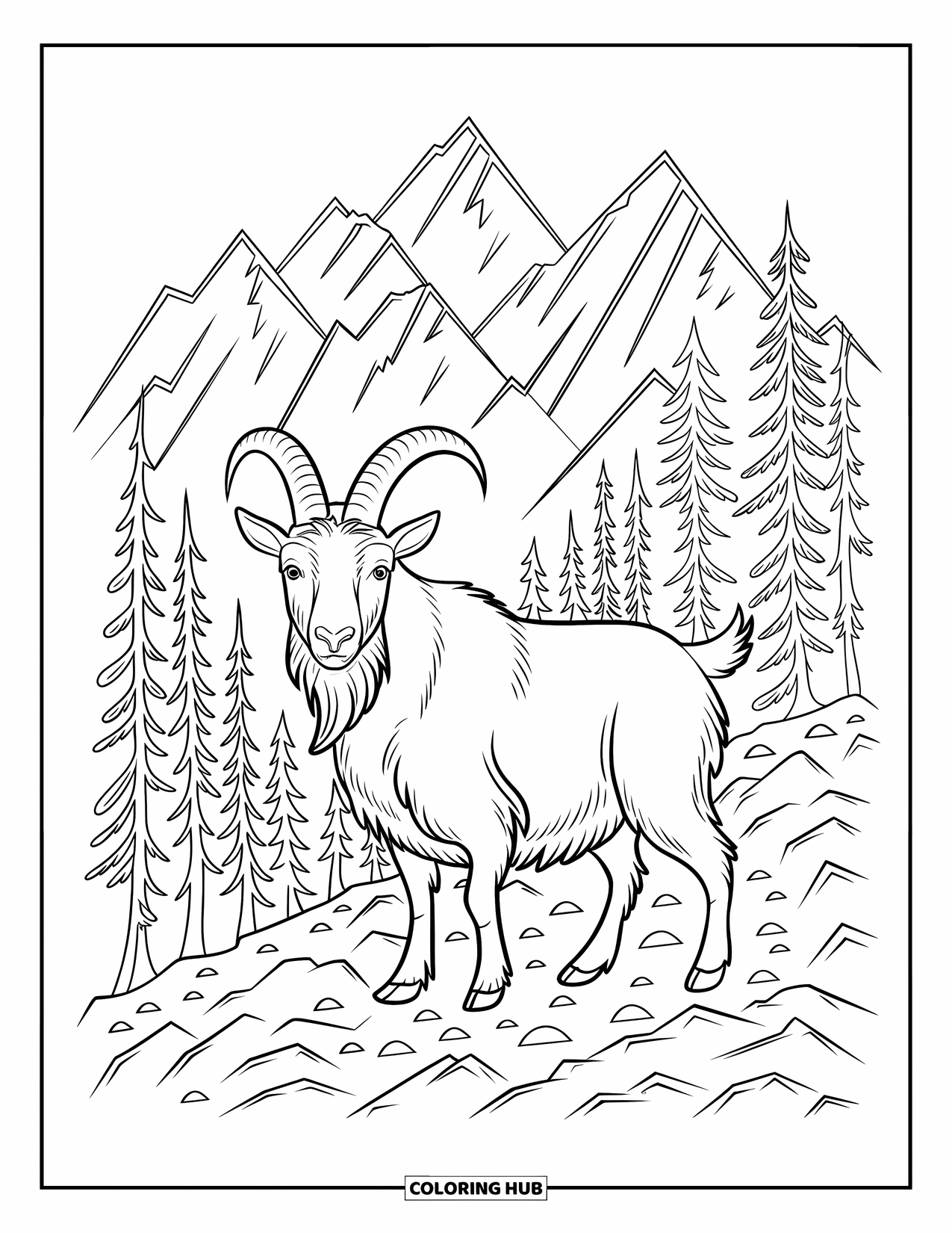 Desenho de cabra para colorir para adultos: Uma cabra barbuda está sobre rochas com picos de montanhas afiados e árvores da floresta atrás