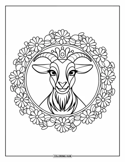 Desenho de cabra para colorir para adultos: Uma cabra barbuda com uma coroa é emoldurada por um círculo de flores detalhadas