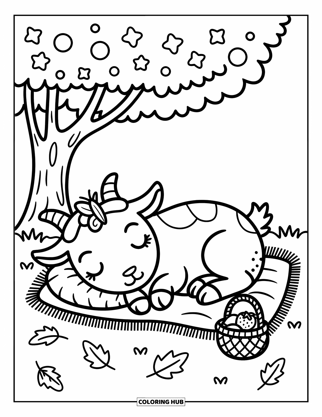 Desenho de Cabra para Colorir para Adultos: Uma borboleta repousa na cabeça de uma cabra enquanto ela cochila perto de frutas e brilhos