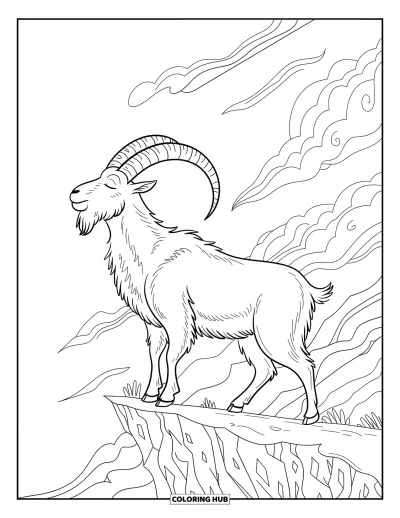 Desenho de cabra para colorir para adultos: Uma cabra calma está em um penhasco enquanto o vento gira e as nuvens dançam ao seu redor