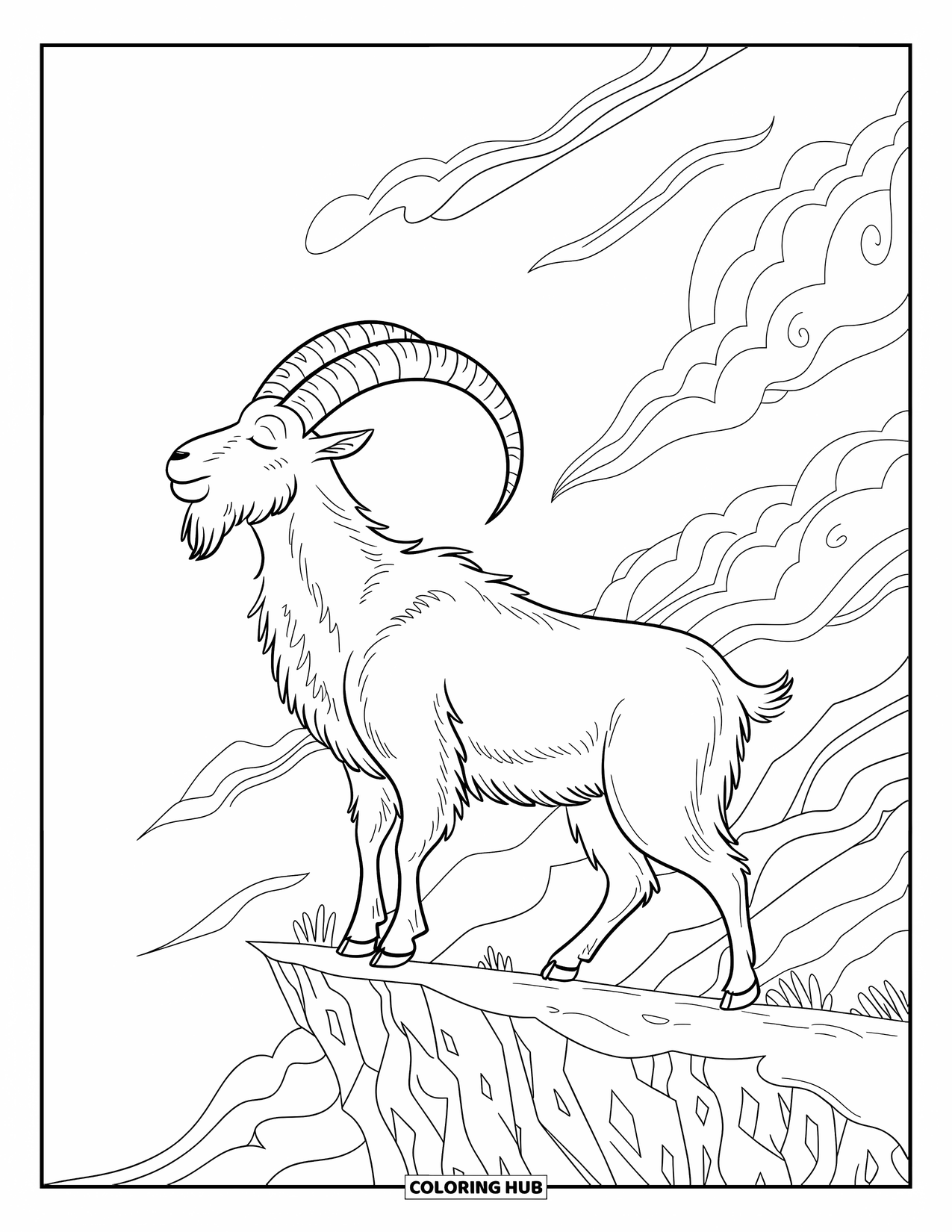 Desenho de cabra para colorir para adultos: Uma cabra calma está em um penhasco enquanto o vento gira e as nuvens dançam ao seu redor