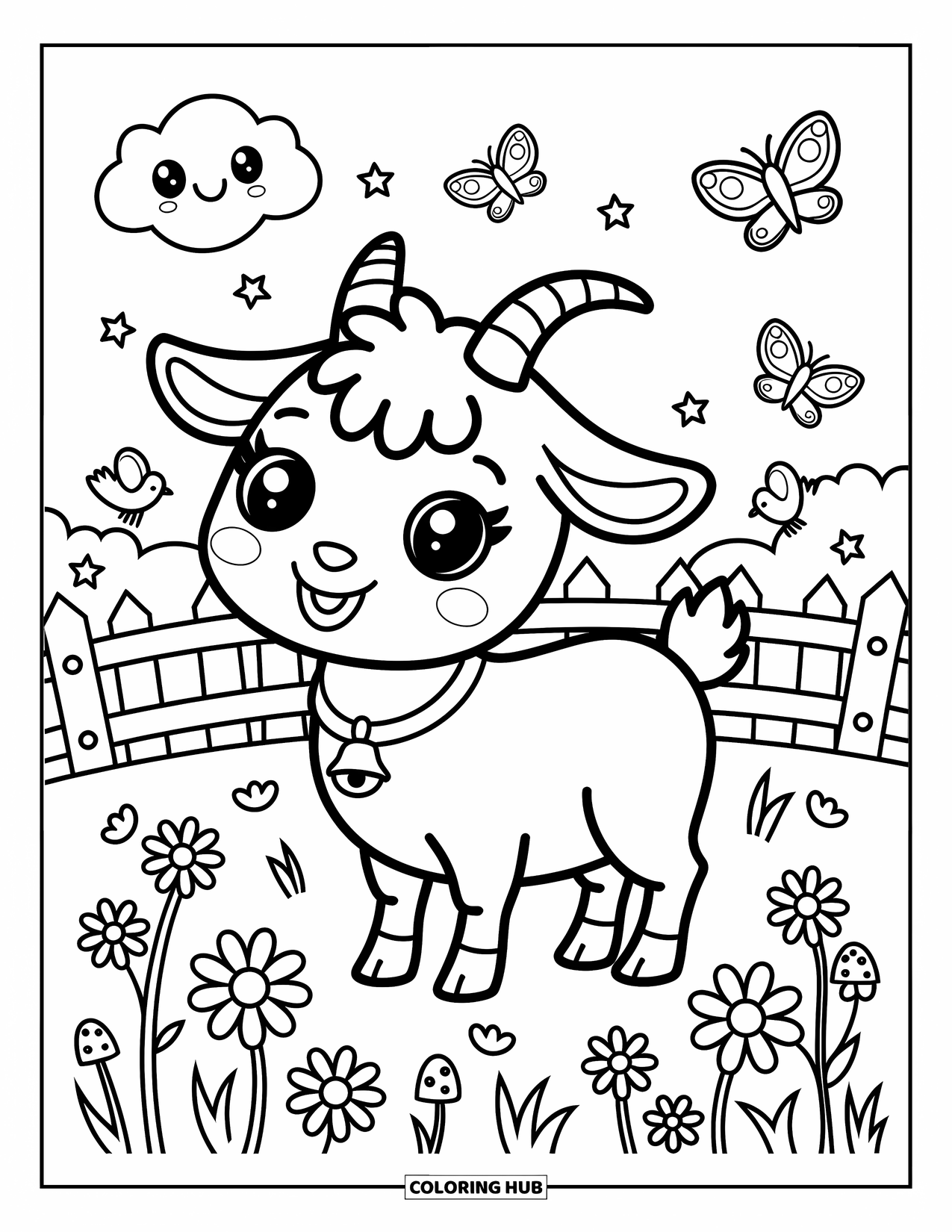 Desenho de Cabra para Colorir para Adultos: Uma cabra alegre com um sino está em um prado cheio de flores e nuvens felizes