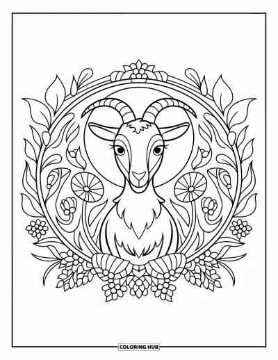 Desenho de cabra para colorir para adultos: Uma cabra coroada senta-se dentro de uma moldura floral circular com folhas e flores