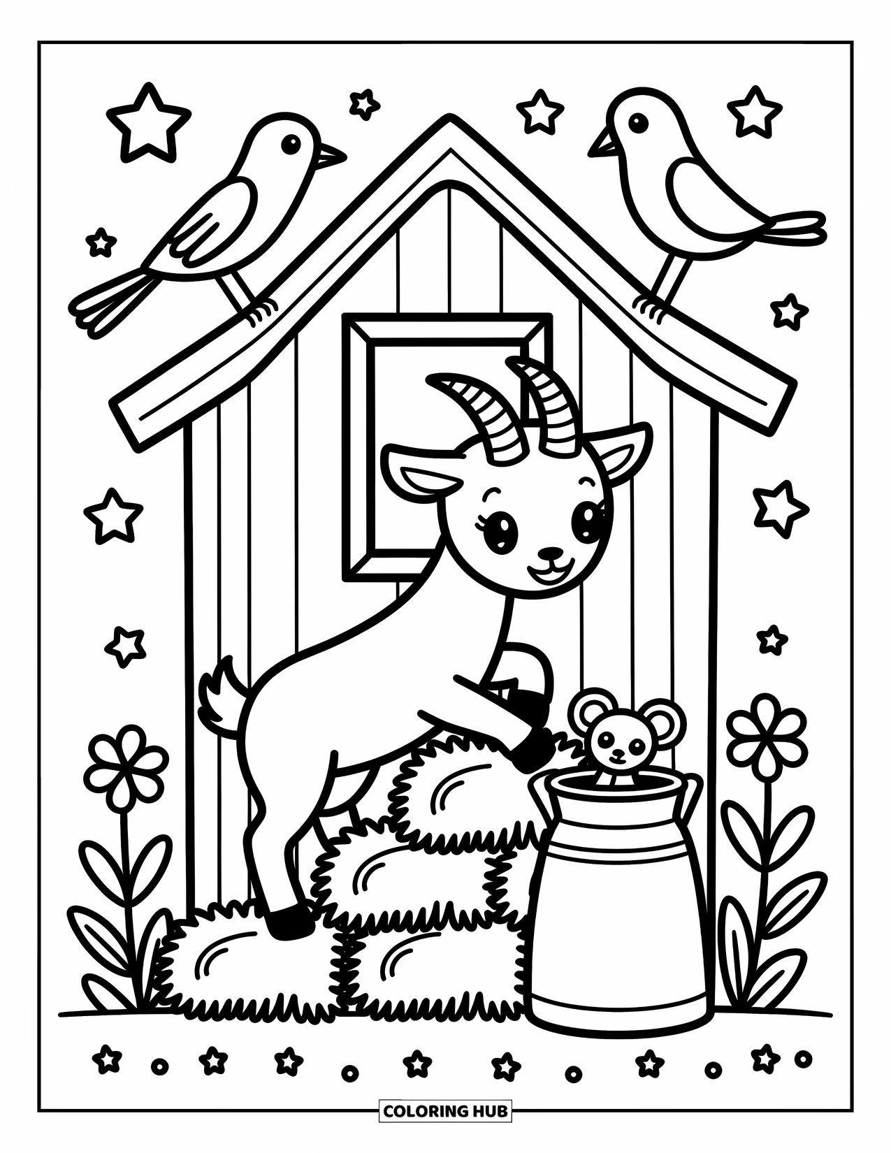 Desenho de Cabra para Colorir para Adultos: Uma cabra curiosa escala feno perto de um celeiro com um rato e um pássaro por perto