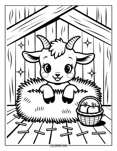 Desenho de Cabra para Colorir para Adultos: Uma cabra curiosa espreita do feno em um celeiro com maçãs e brilhos ao redor