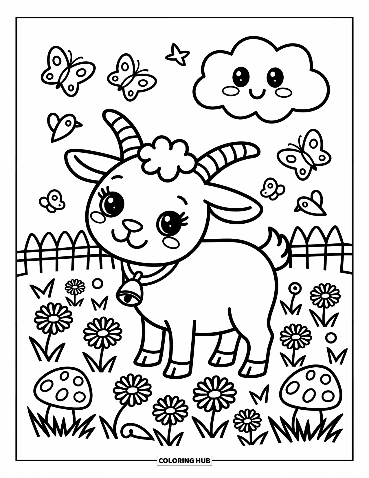 Desenho de Cabra para Colorir para Adultos: Uma cabra fofa com um sino está em um prado de margaridas sob uma nuvem sorridente
