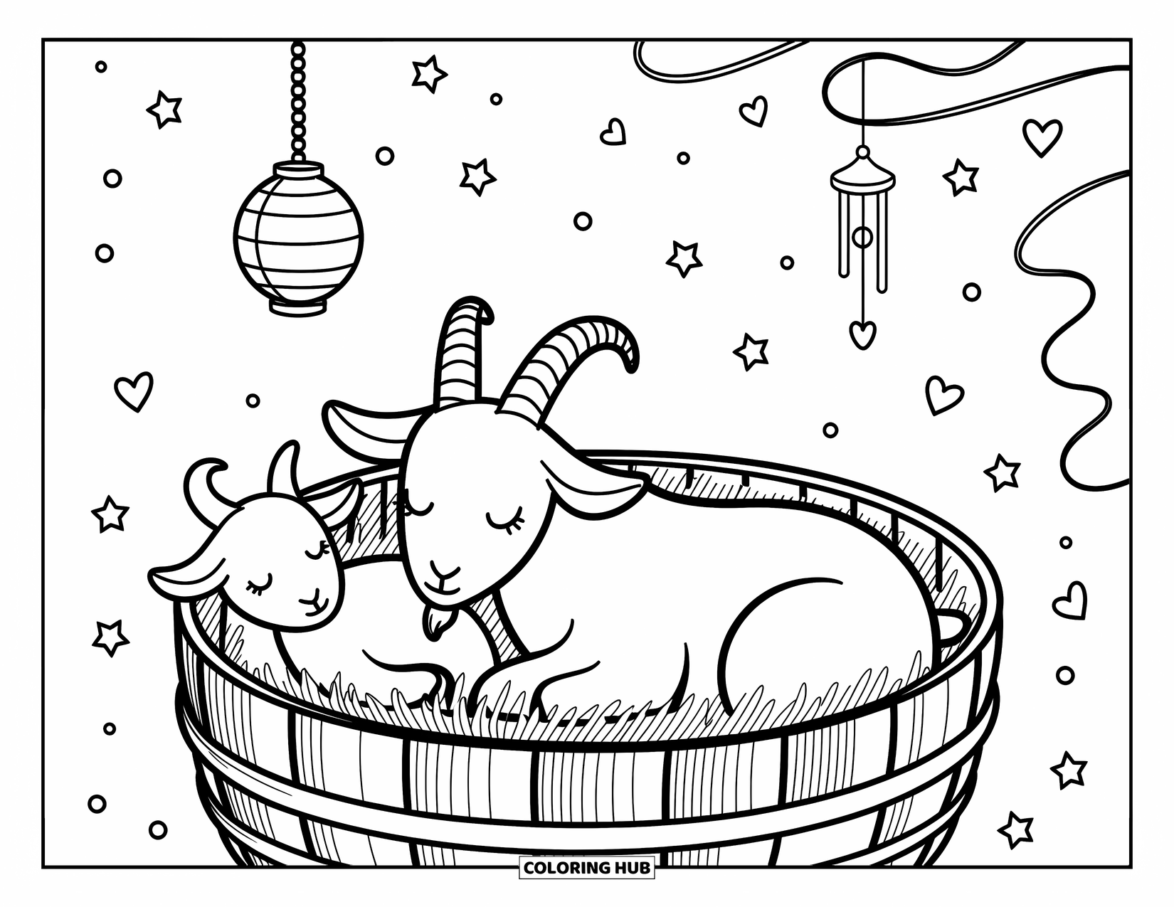Desenho de cabra para colorir para adultos: Uma brisa suave gira enquanto uma mamãe cabra cochila com seu bebê em um cercado redondo