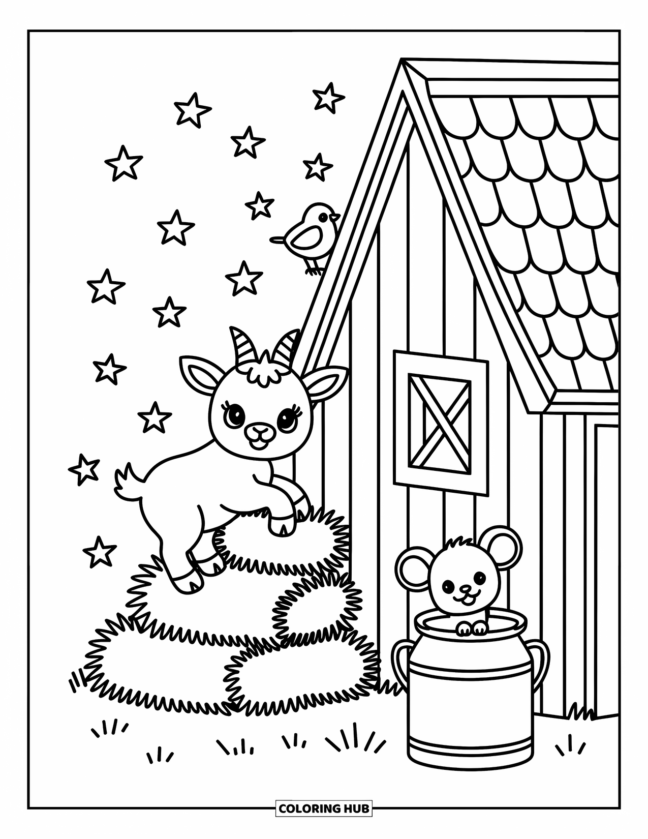 Desenho de Cabra para Colorir para Adultos: Uma cabra escala feno perto de um celeiro enquanto brilhos e redemoinhos enchem o céu