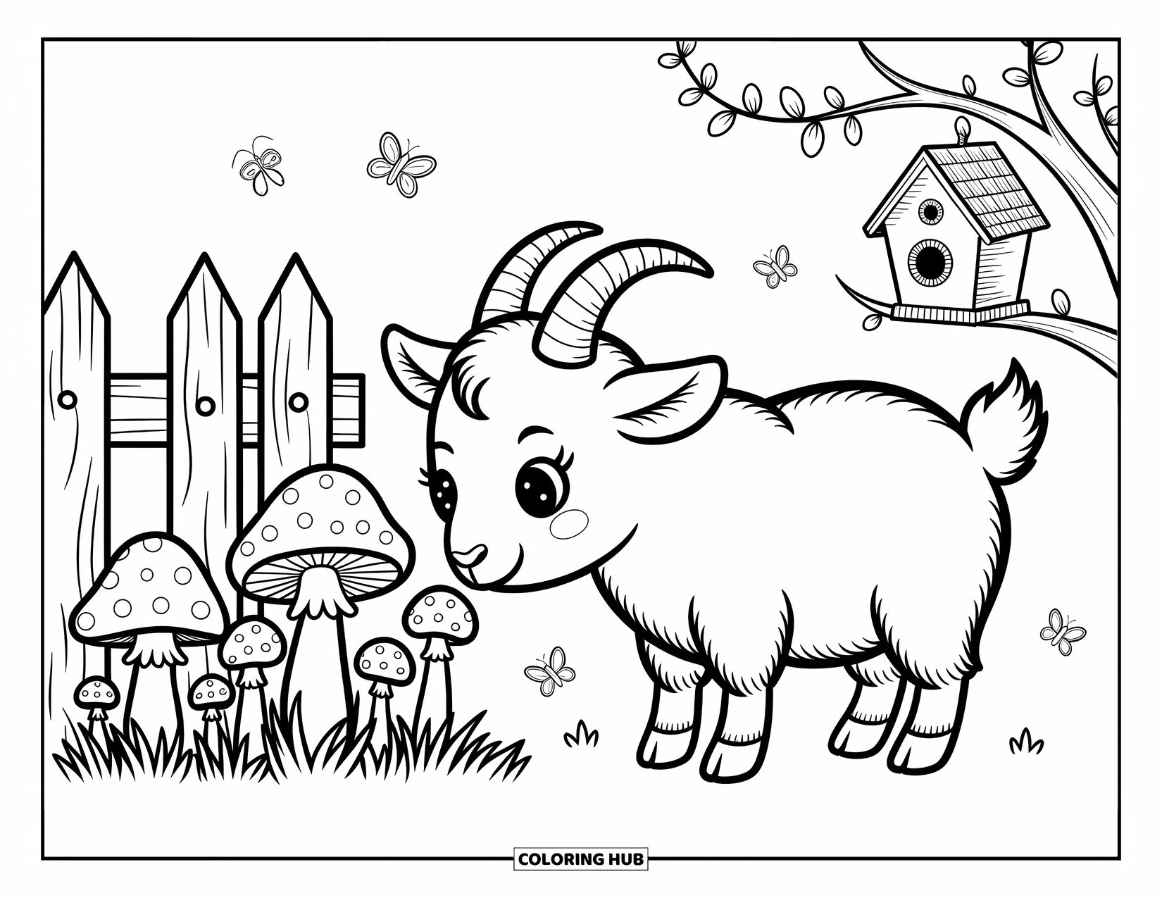 Desenho de Cabra para Colorir para Adultos: Uma cabra cheira curiosamente cogumelos com insetos por perto e uma casa de pássaros nas árvores