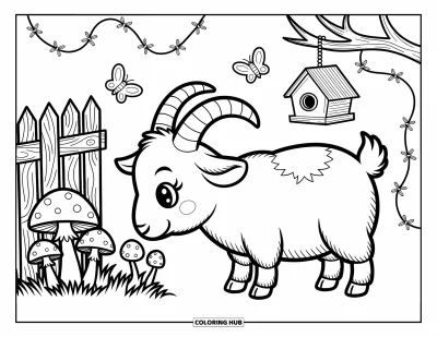 Desenho de Cabra para Colorir para Adultos: Uma cabra explora cogumelos enquanto insetos voam e uma casa de pássaros pende de uma árvore