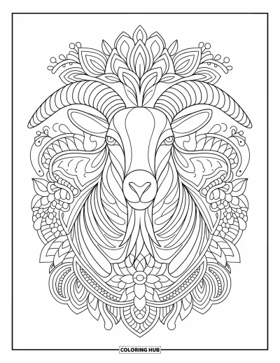 Desenho de cabra para colorir para adultos: Uma mandala de rosto de cabra é preenchida com vinhas, folhas e desenhos florais detalhados
