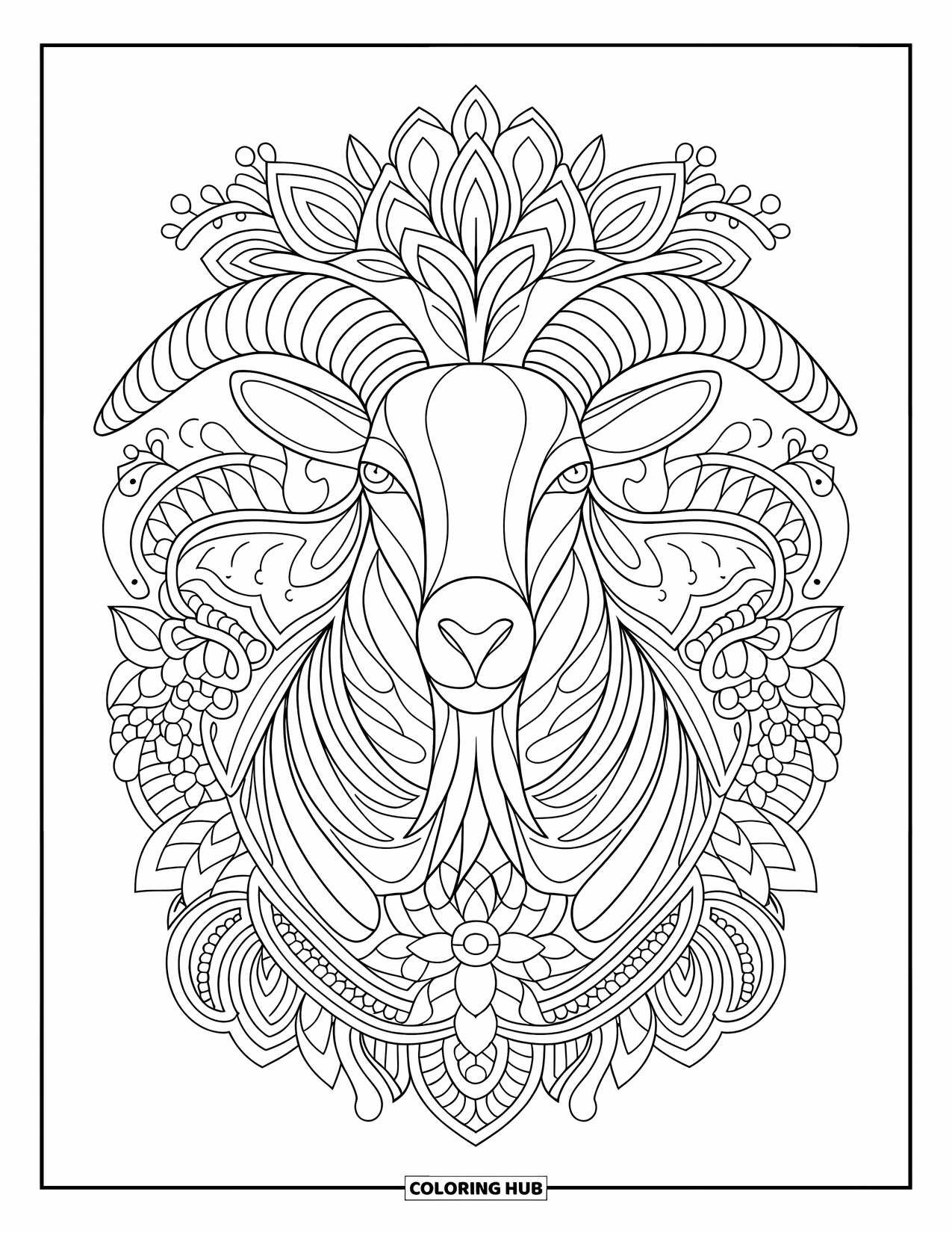 Desenho de cabra para colorir para adultos: Uma mandala de rosto de cabra é preenchida com vinhas, folhas e desenhos florais detalhados