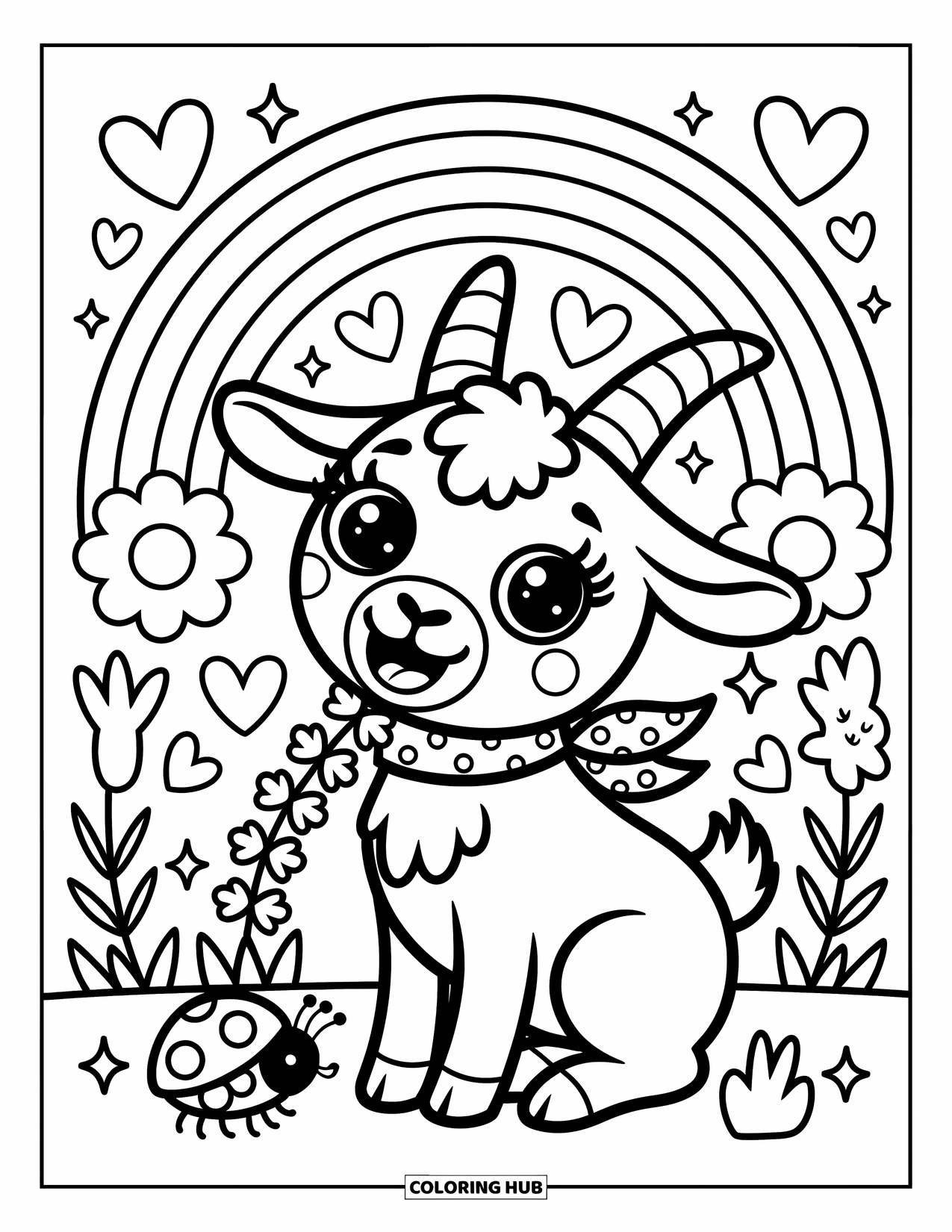 Desenho de Cabra para Colorir para Adultos: Uma cabra com um cachecol mastiga trevos enquanto corações e um coelho enchem a cena