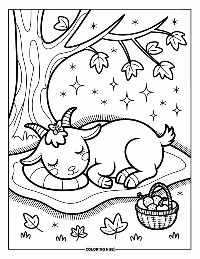 Desenho de Cabra para Colorir para Adultos: Uma cabra cochila sob uma árvore com frutas, folhas e brilhos por toda parte