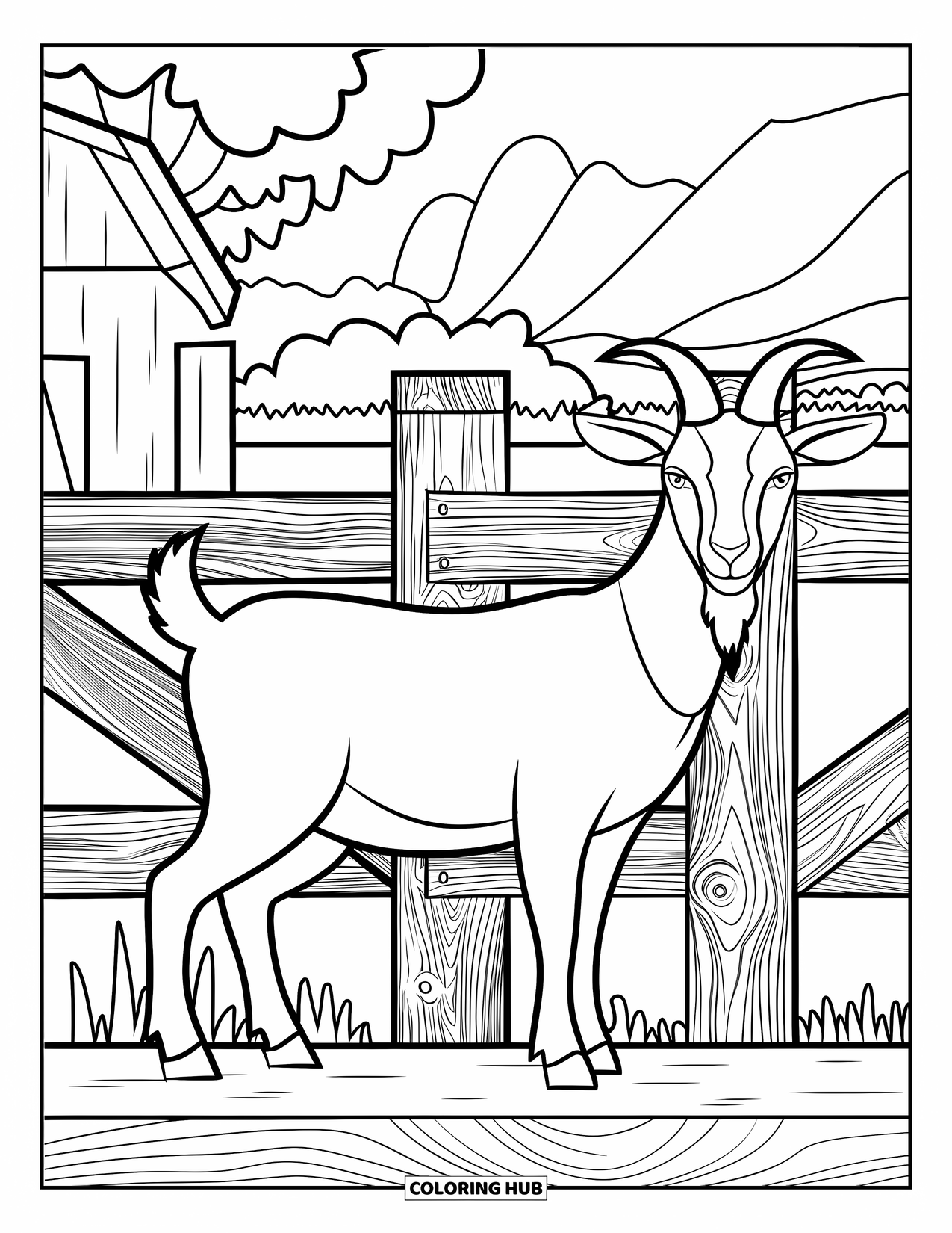 Desenho de cabra para colorir para adultos: Uma cabra em uma plataforma de madeira é cercada por cercas estampadas, celeiros e árvores
