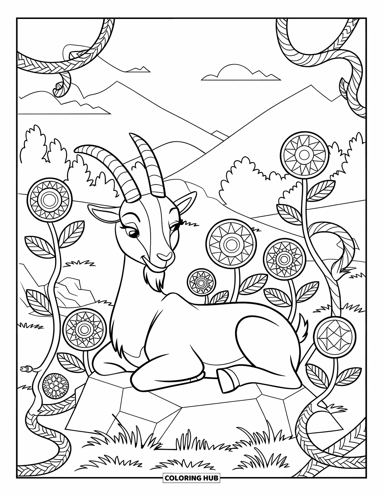Desenho de cabra para colorir para adultos: Uma cabra descansa sobre uma rocha em um jardim cheio de flores e vinhas texturizadas