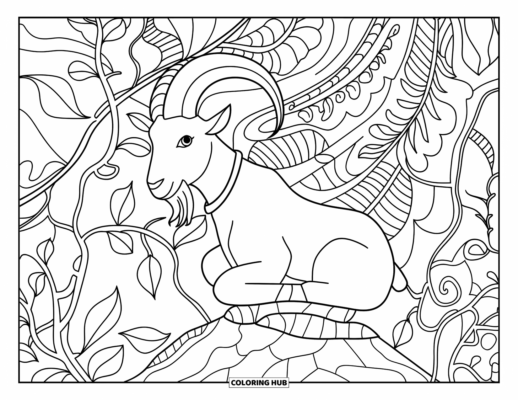 Desenho de cabra para colorir para adultos: Uma cabra descansa sobre uma rocha cercada por vinhas, folhas e padrões da natureza rodopiantes