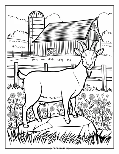 Desenho de cabra para colorir para adultos: Uma cabra está em um campo perto de um celeiro, cerca e cachos de flores silvestres