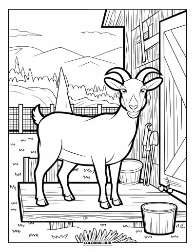Desenho de cabra para colorir para adultos: Uma cabra está em uma plataforma ao lado de um celeiro com ferramentas e detalhes rústicos de fazenda