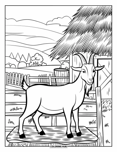 Desenho de cabra para colorir para adultos: Uma cabra está orgulhosamente em madeira perto de um celeiro com colinas e ferramentas rústicas por perto