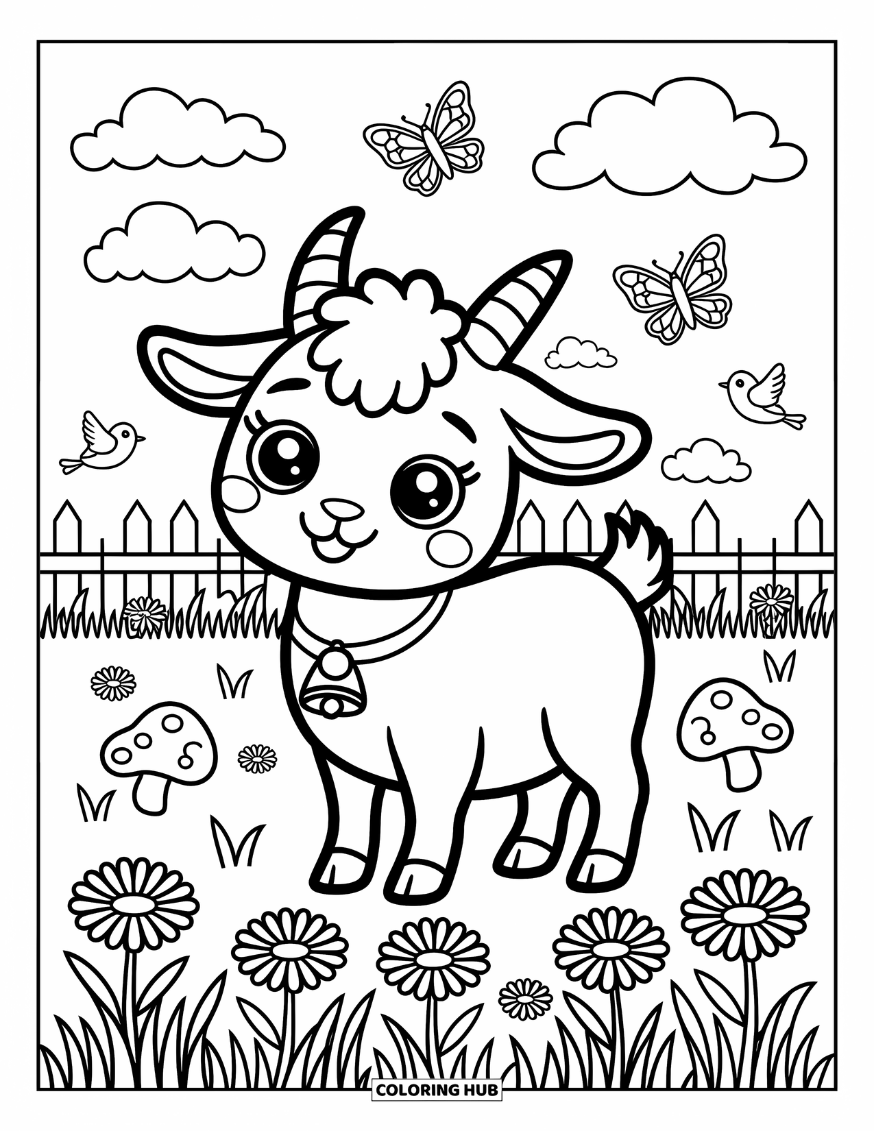 Desenho de Cabra para Colorir para Adultos: Uma cabra com um sino está em um prado de margaridas com borboletas e pássaros
