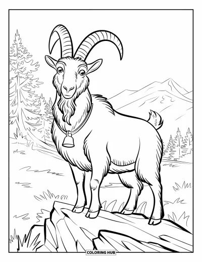 Desenho de cabra para colorir para adultos: Uma cabra com um sino está em um caminho de montanha perto de árvores e colinas distantes