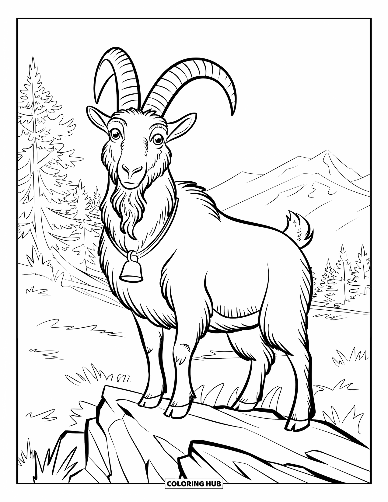 Desenho de cabra para colorir para adultos: Uma cabra com um sino está em um caminho de montanha perto de árvores e colinas distantes