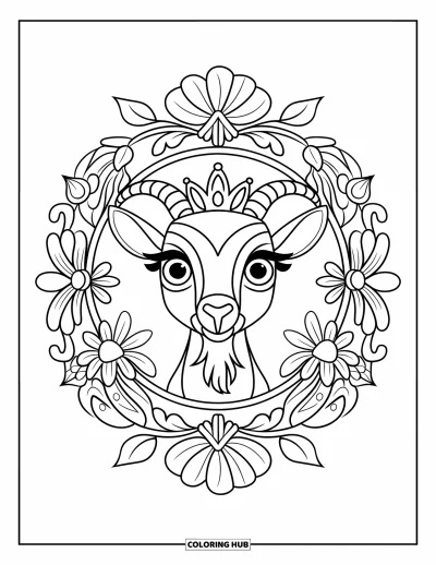 Desenho de cabra para colorir para adultos: Uma cabra com olhos grandes e uma coroa repousa dentro de uma mandala cheia de flores