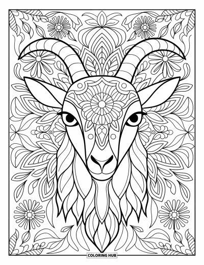 Desenho de cabra para colorir para adultos: Uma cabra com chifres curvos senta-se no centro de uma mandala floral e simétrica