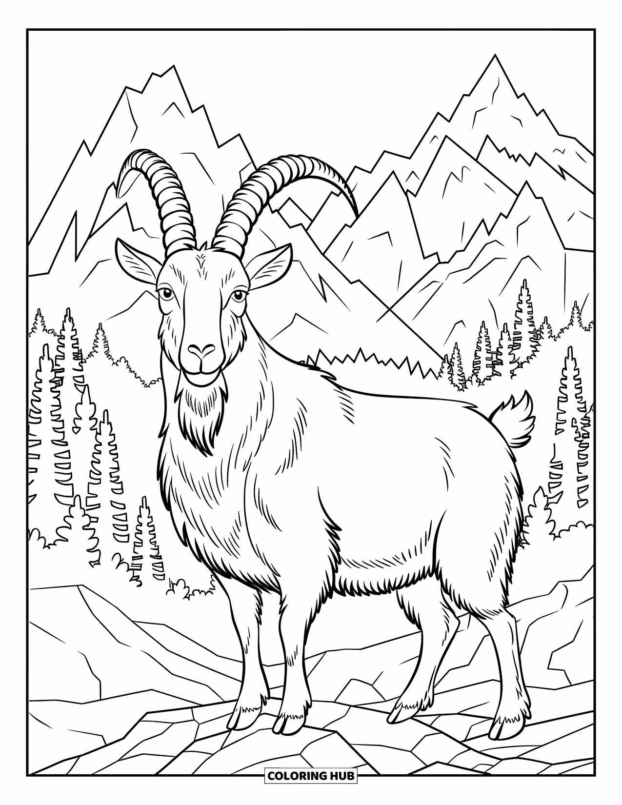 Desenho de cabra para colorir para adultos: Uma cabra majestosa está em terreno rochoso cercada por montanhas e árvores altas