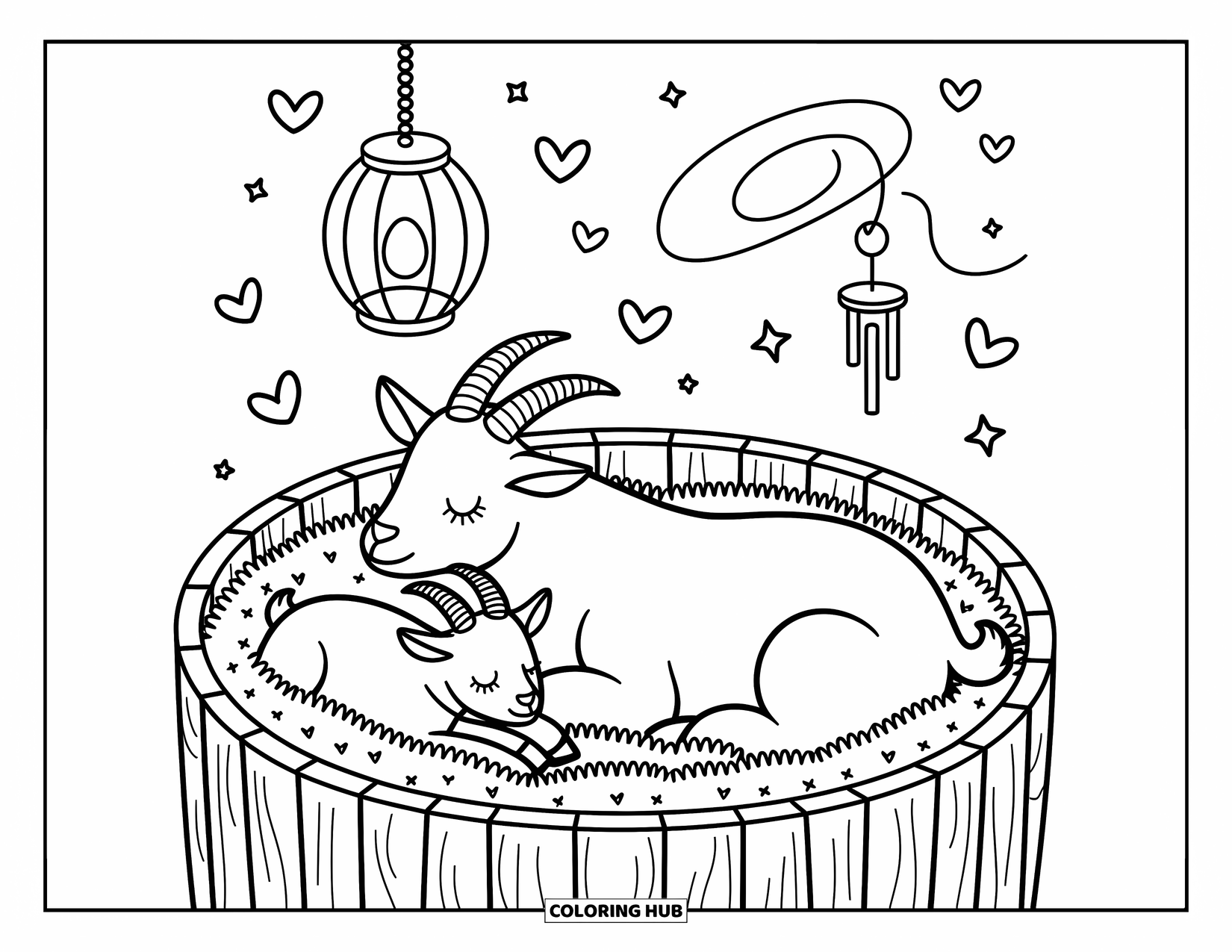 Desenho de Cabra para Colorir para Adultos: Uma mamãe cabra e seu bebê se aconchegam em um cercado aconchegante sob uma lanterna brilhante