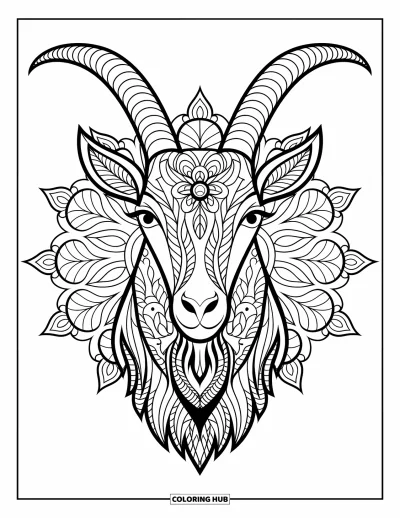 Desenho de cabra para colorir para adultos: Uma cabeça de cabra em estilo mandala é emoldurada com flores e folhas detalhadas