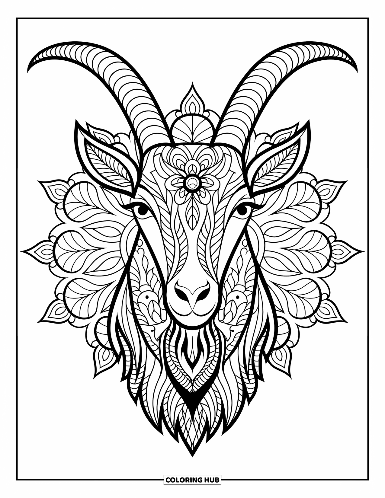 Desenho de cabra para colorir para adultos: Uma cabeça de cabra em estilo mandala é emoldurada com flores e folhas detalhadas