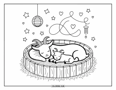 Desenho de Cabra para Colorir para Adultos: Uma cabra mãe e um bebê descansam no feno sob uma lanterna, cercados por estrelas e corações