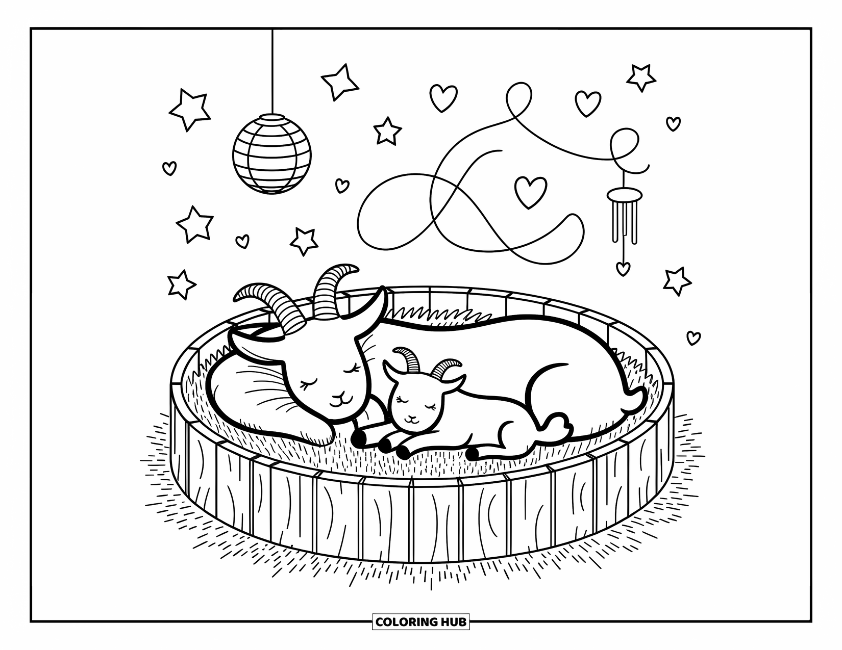 Desenho de Cabra para Colorir para Adultos: Uma cabra mãe e um bebê descansam no feno sob uma lanterna, cercados por estrelas e corações