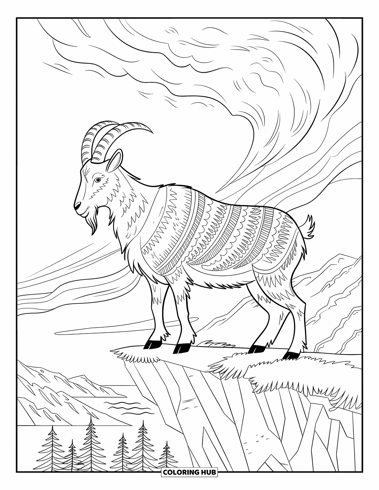 Desenho de cabra para colorir para adultos: Uma cabra da montanha está alta em um penhasco com céu rodopiante e desenhos rochosos