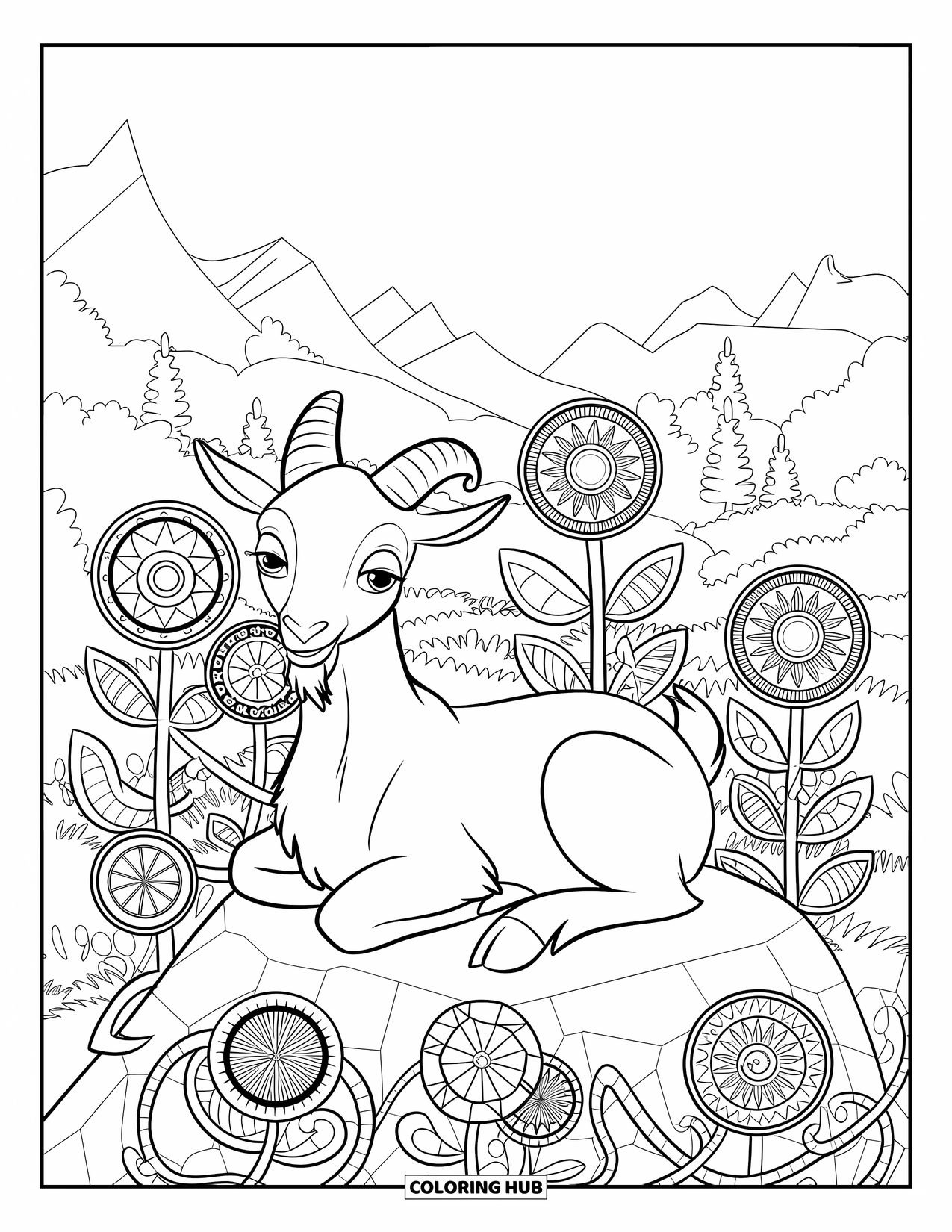 Desenho de cabra para colorir para adultos: Uma cabra pacífica cochila em uma rocha entre flores, vinhas e árvores estampadas