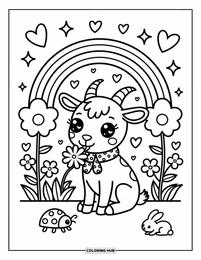 Desenho de Cabra para Colorir para Adultos: Uma cabra com um lenço de bolinhas come trevos enquanto um coelho e uma joaninha observam
