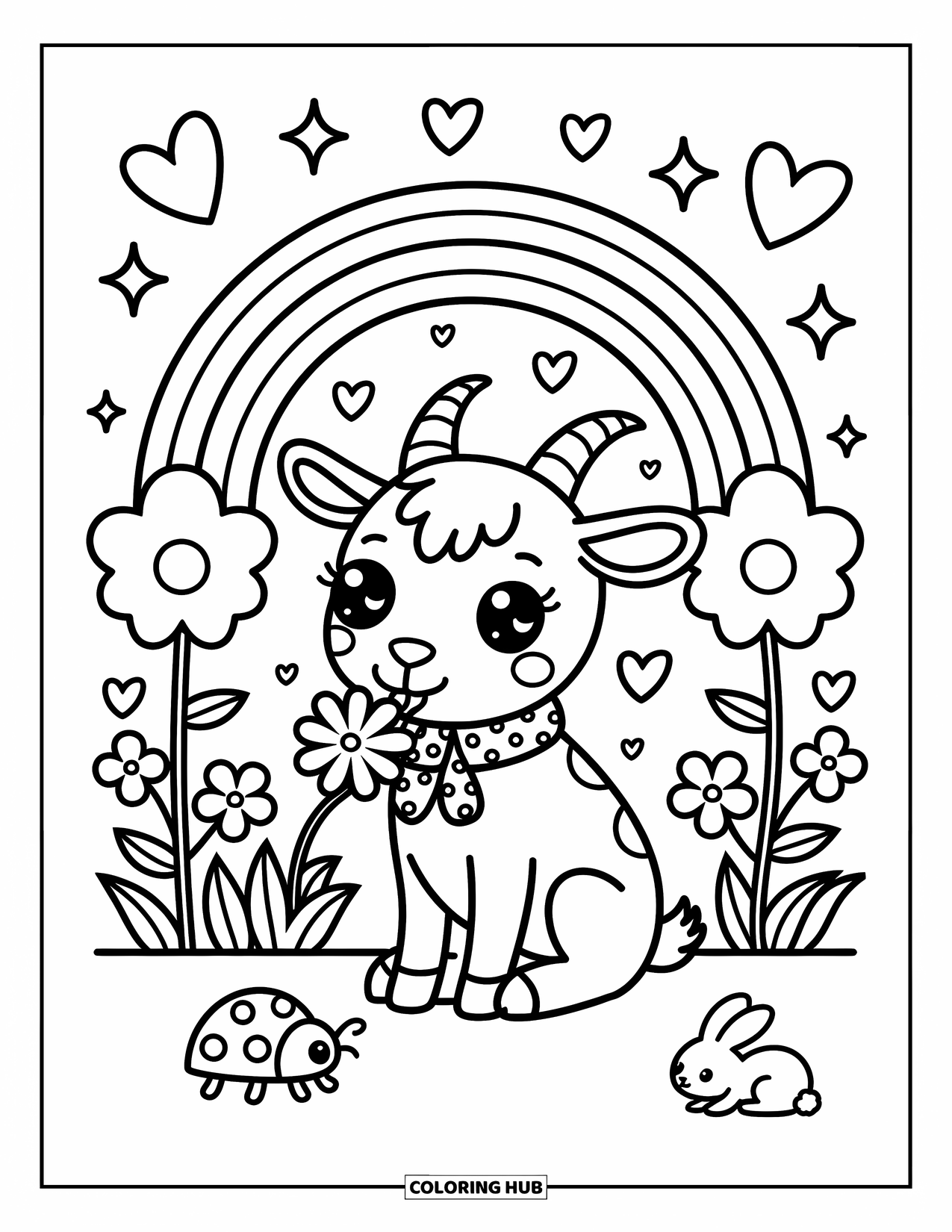 Desenho de Cabra para Colorir para Adultos: Uma cabra com um lenço de bolinhas come trevos enquanto um coelho e uma joaninha observam
