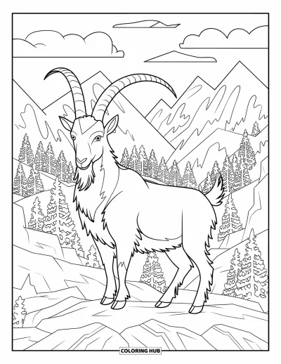 Desenho de cabra para colorir para adultos: Uma cabra orgulhosa está entre picos de montanhas e árvores imponentes em uma floresta