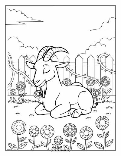 Desenho de cabra para colorir para adultos: Uma cabra descansando senta-se em um jardim estampado com flores, vinhas e uma cerca