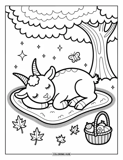 Desenho de Cabra para Colorir para Adultos: Uma cabra sonolenta cochila em um cobertor sob uma árvore com uma borboleta na cabeça