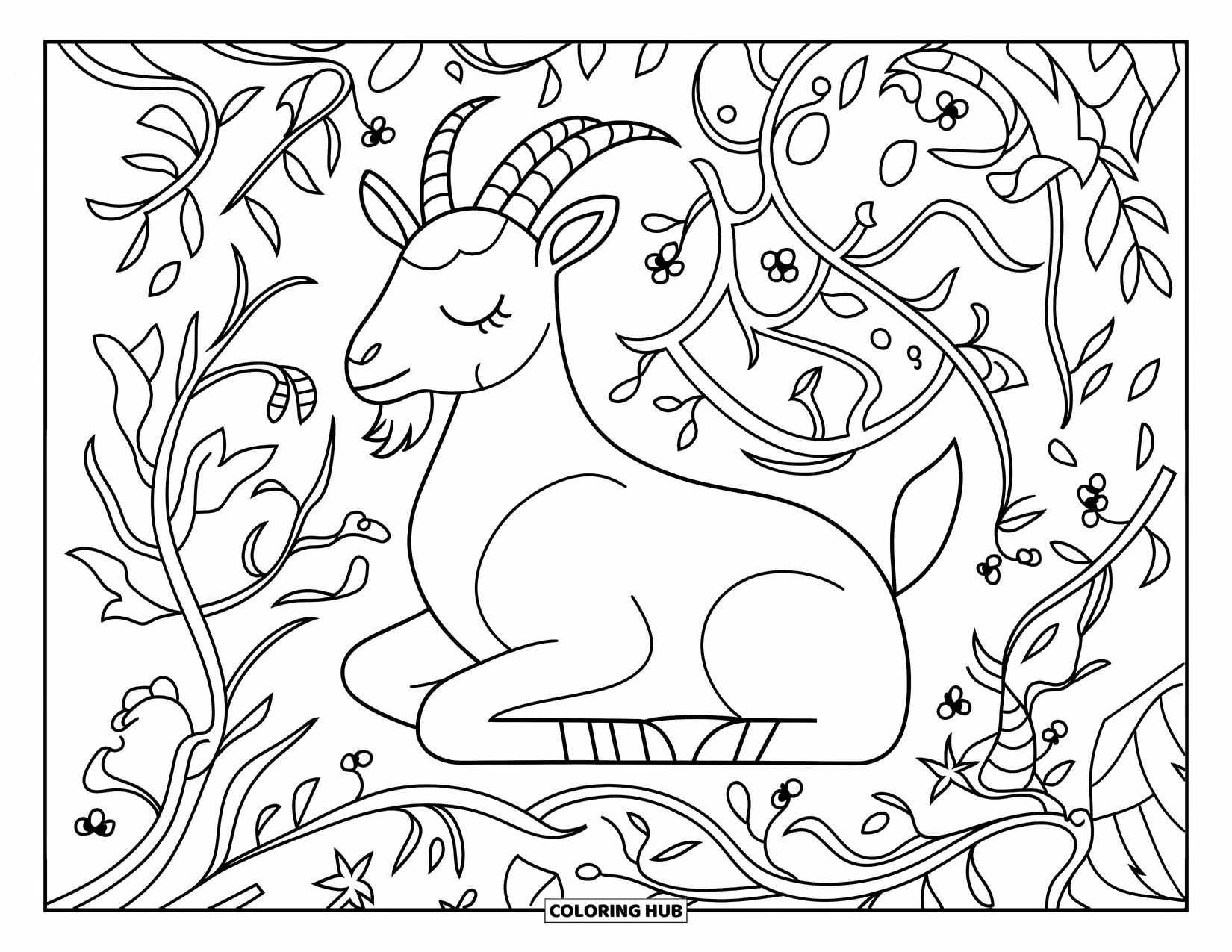 Desenho de cabra para colorir para adultos: Uma cabra sonolenta senta-se entre vinhas, folhas, frutos e flores detalhadas