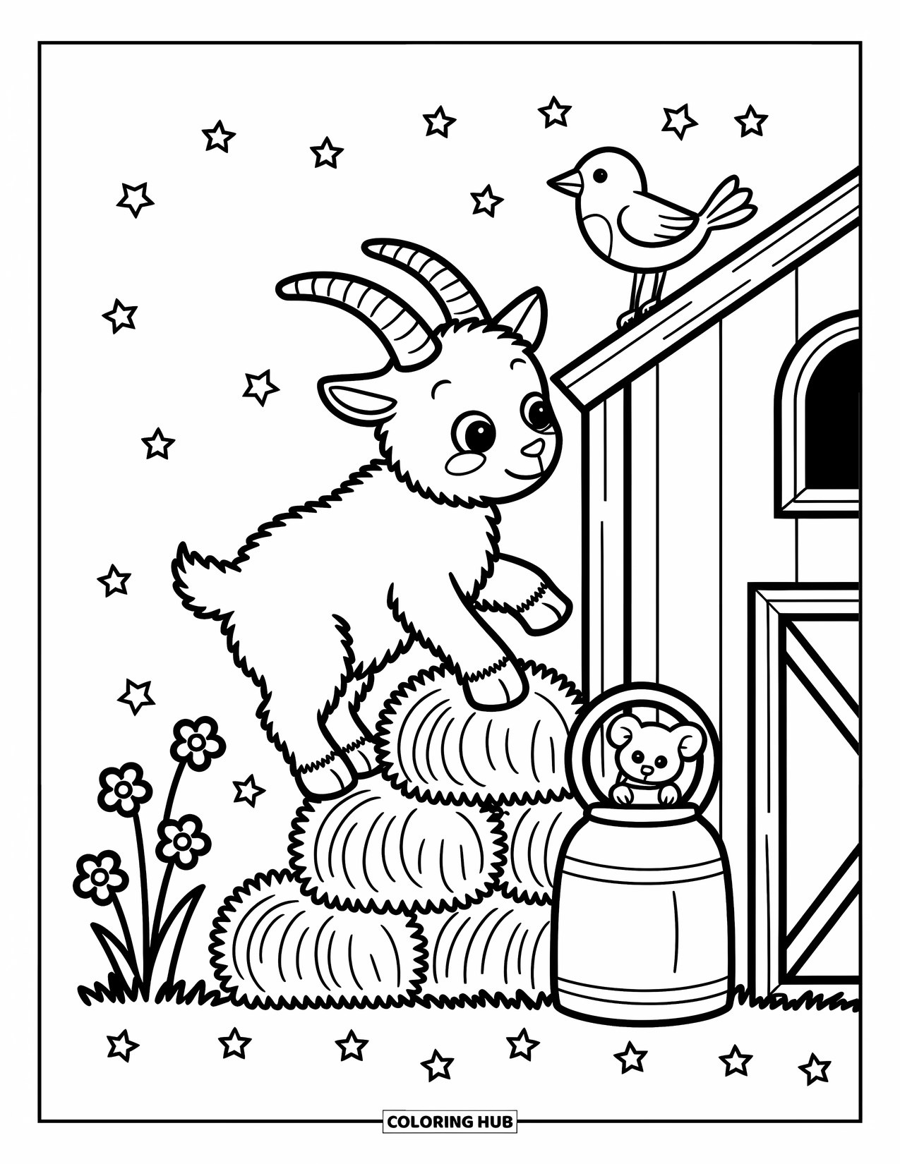 Desenho de Cabra para Colorir para Adultos: Uma pequena cabra escala fardos de feno perto de um celeiro com flores, estrelas e redemoinhos ao redor