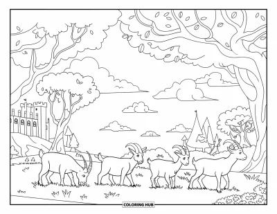 Desenho de cabra para colorir para adultos: Cabras de todos os tipos pastam sob árvores estampadas com um castelo ao fundo