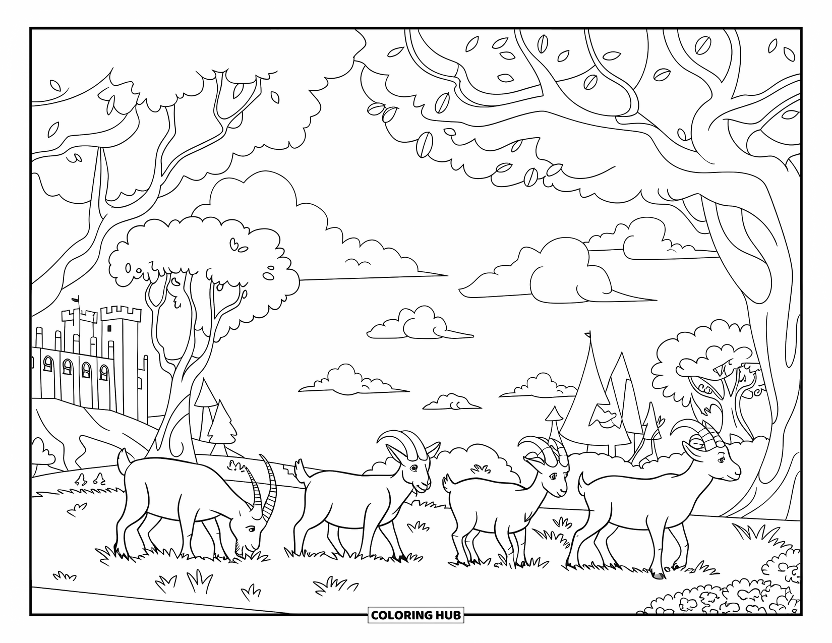 Desenho de cabra para colorir para adultos: Cabras de todos os tipos pastam sob árvores estampadas com um castelo ao fundo