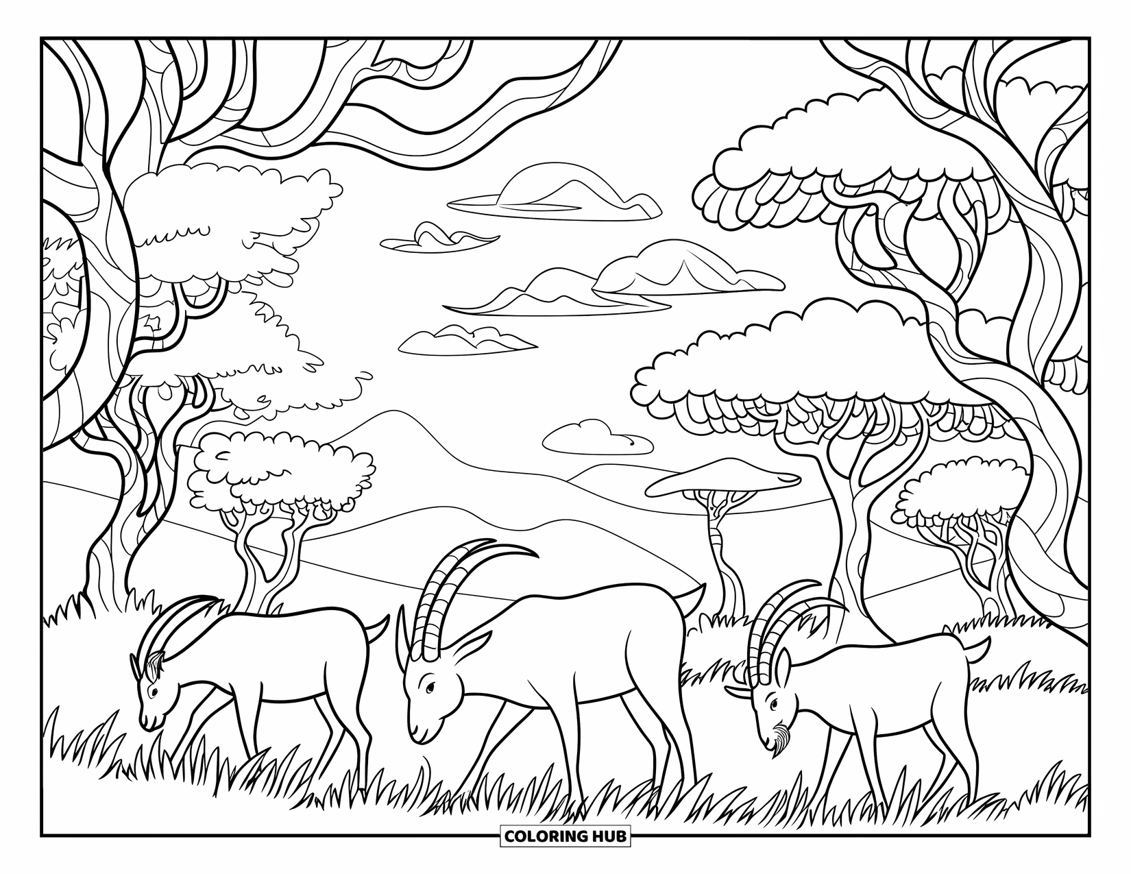 Desenho de cabra para colorir para adultos: Cabras descansam sob árvores intrincadas com céus cheios de nuvens e paisagens de montanhas